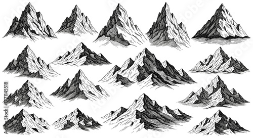 Collection of hand-drawn mountain illustrations, featuring various peaks and rocky terrains in a detailed vintage engraving style.