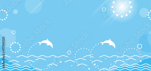 Vector Seamless Blue Ocean Background Illustration With Jumping Dolphins. Horizontally Repeatable. 