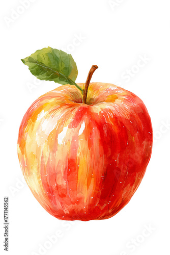 Watercolor illustration of vibrant red apple with green leaf on white background. Hand-painted realistic fruit artwork for food, nutrition, wellness, and culinary design concepts.