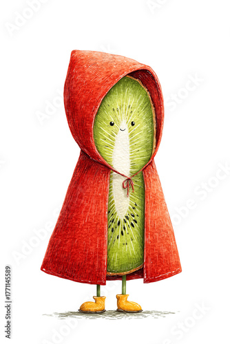 Watercolor illustration of cute kiwi fruit character wearing red hooded cloak with smile and yellow boots. Whimsical anthropomorphic fruit mascot for children's content, book illustration, and playful