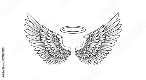Black and white drawing of two feathered angel wings with a spiritual halo floating above them, representing heavenly concepts.