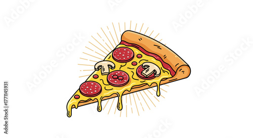 A mouth-watering cartoon illustration of a single pizza slice featuring melted cheese, pepperoni, and mushrooms, with a radiant burst effect.