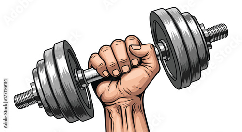 A powerful hand firmly grips a silver adjustable dumbbell, showcasing strength and fitness against a clean white background.
