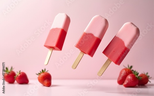 Flying Ice Cream Popsicles with Fresh Strawberries on Pastel Background. High quality