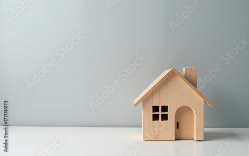 A small wooden house on a neutral gray backdrop with copy space image. Investment in real estate for renting to young families with affordable loans for property construction. High quality