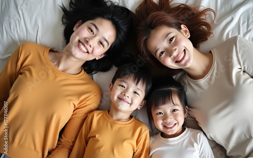 Happy Asian family laying with happy and smile, top view. High quality