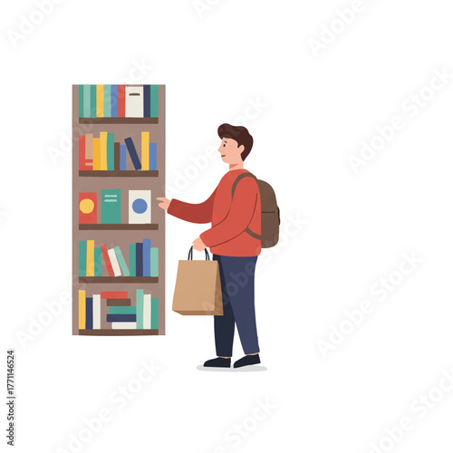 Minimalistic flat 2D vector illustration depicting a casual man shopping for books, standing near tall shelving in a modern bookstore environment on a clean, isolated white background.