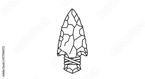 A detailed black and white illustration of a primitive stone arrowhead, showcasing its expertly knapped texture and bound base.