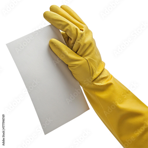 Cleaning professional wearing a yellow glove holding a blank wipe ready to clean, ideal for hygiene, sanitation, and spotless cleanliness campaigns