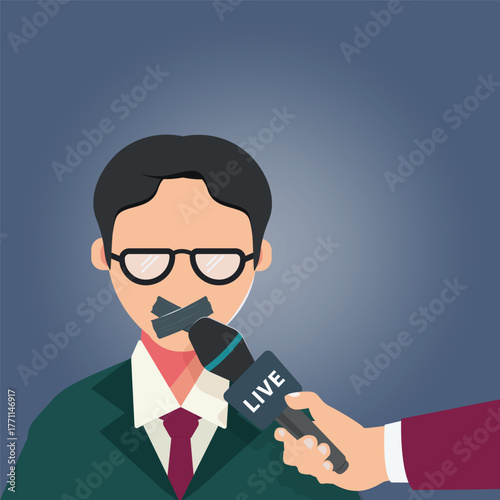 Man with tape over his mouth being interviewed live vector illustration