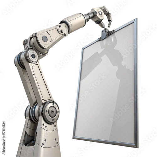 Innovative robotic arm holding a blank sign ready for your message, perfect for advertising automation and futuristic technology concepts for your brand