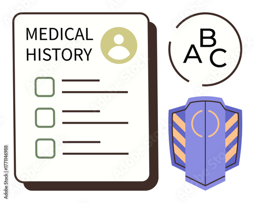 Medical record with checklist, blood group circle, and security shield icon. Ideal for healthcare, data privacy, medical safety, patient protection, health records, medical analysis simple flat