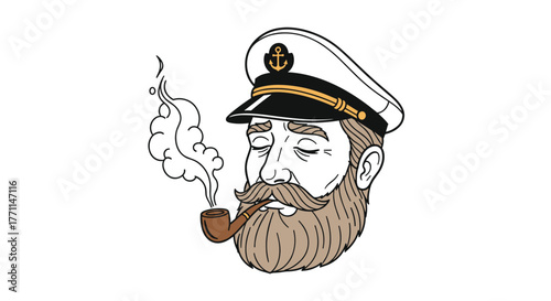 An illustrated portrait of a bearded sea captain wearing a uniform hat with an anchor emblem, peacefully smoking a pipe with his eyes closed.