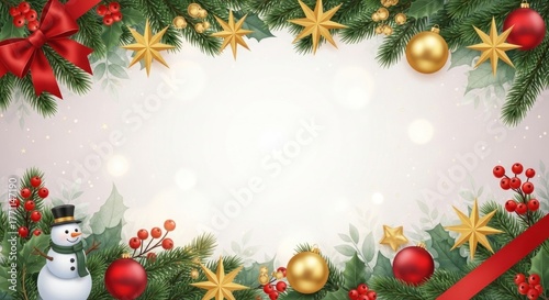 Christmas decorations frame blank space with ornaments and festive elements creating a joyful and celebratory atmosphere for holiday greetings and messages.