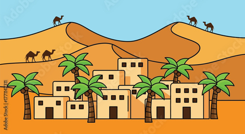 Cartoon desert oasis with camels and palm trees vector illustration