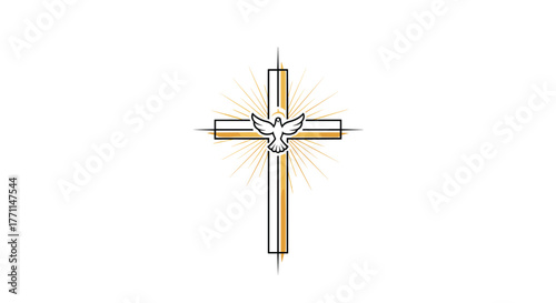 A stylized Christian cross, partially golden-filled and outlined in black, with a white dove and radiating light at its center, against a clean white background.