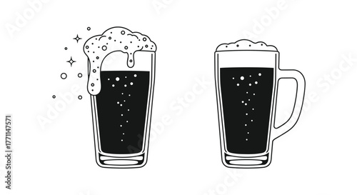 Two black and white minimalist illustrations depict a foamy pint glass with sparkling bubbles and a more traditional beer mug.