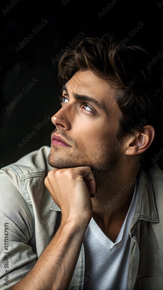 Fototapeta premium Contemplative Portrait of Man Resting Chin on Hands. Portrait of a man resting his chin on his hands, eyes looking away, soft shadows and sensual contemplative mood.