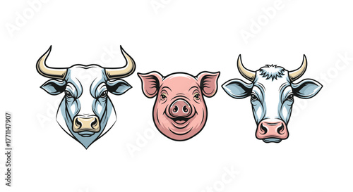 Illustrative depictions of common farm animals including a bull, a pig, and a dairy cow.