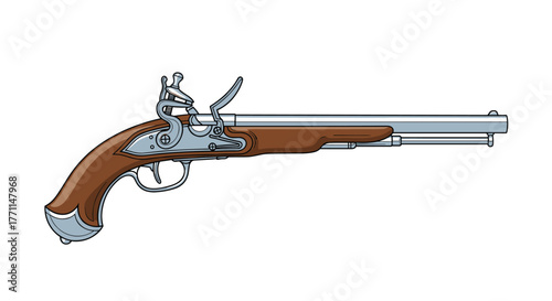 A classic antique flintlock pistol, rendered as a cartoon illustration with a brown wooden stock and metallic components, isolated on white.