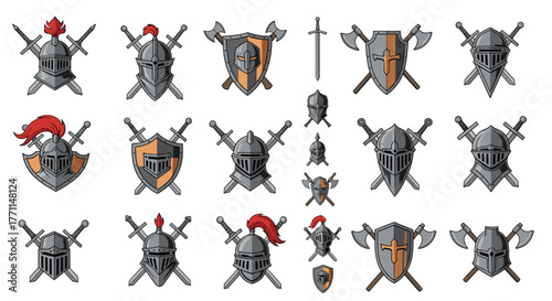 A collection of medieval knight helmets, crossed swords, shields, and axes, presented as emblems and symbols on a white background.
