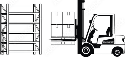 Forklift truck loading boxes onto warehouse shelving illustration