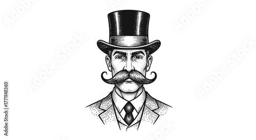 A vintage style engraving of a distinguished gentleman wearing a top hat and an elaborate handlebar mustache, depicted in a classic black and white portrait.