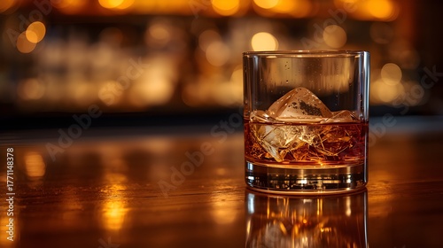 Glass of Whiskey with Ice on Bar Counter – Premium Alcohol Drink in Warm Ambient Light