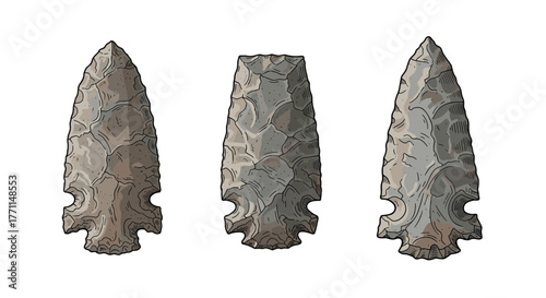 Three detailed, hand-knapped stone arrowheads or projectile points, showcasing ancient lithic technology and prehistoric craftsmanship.