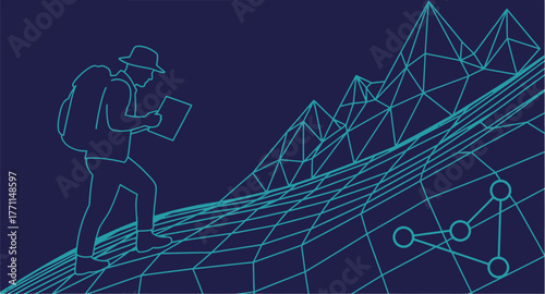 Hiker climbs mountain using map in digital landscape illustration