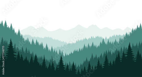 Serene layered forest landscape with pine trees in varying shades of green, receding into misty mountains under a bright sky.