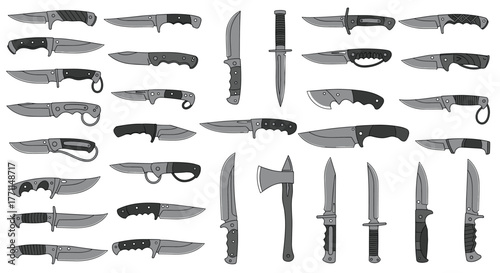 A diverse assembly of illustrated knives, including folding, fixed-blade, and combat styles, alongside a single axe, presented as a detailed pattern.