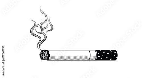 Black and white halftone illustration of a lit cigarette with smoke rising, showcasing a vintage comic art style.
