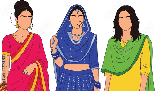 Indian women in traditional clothing vector art illustration