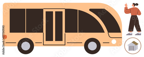 Woman stands waving towards a large modern bus, symbolizing travel, transport, arrival, departure, public service, commuting, or community connection. Ideal for travel transportation mobility