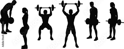 Flat vector silhouettes of athletes lifting barbells, strength training poses, gym workout movements, fitness exercise icons for health illustrations
