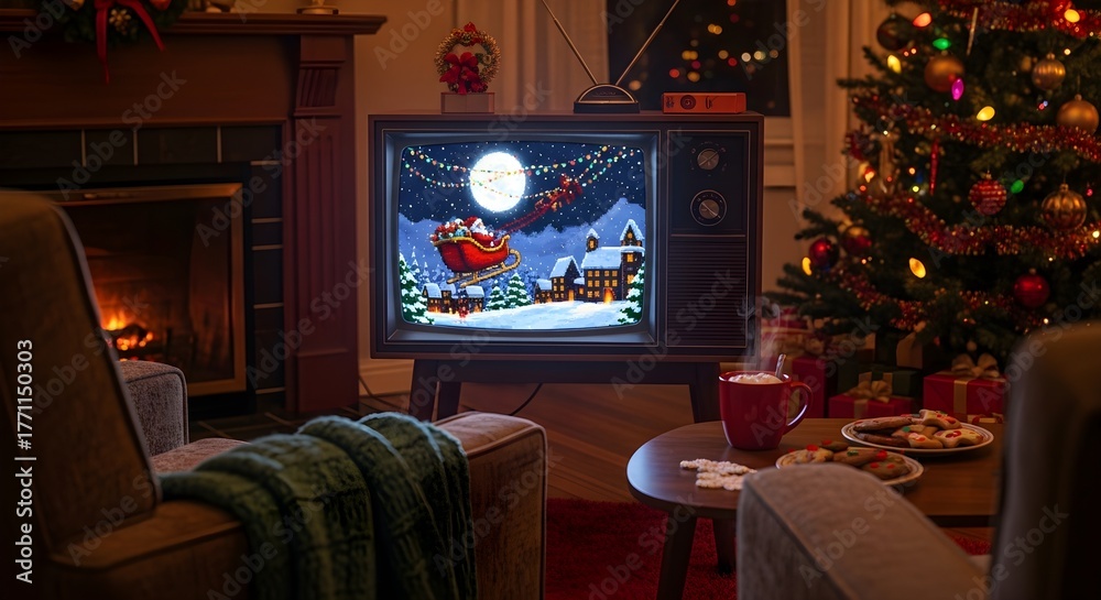 Obraz premium A cozy Christmas living room displays a vintage TV showing a pixelated Santa flying over a snowy village, alongside a warm fireplace and a festive tree