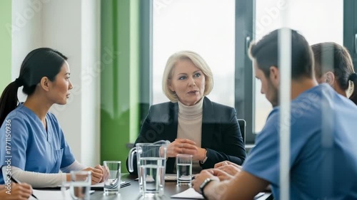 Female doctor leading a meeting with a group of medical professionals