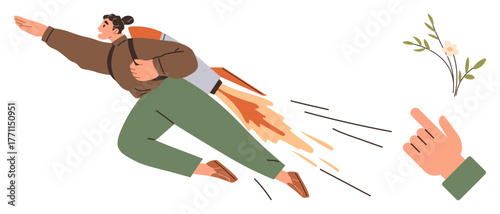 Person soaring with a jetpack symbolizing ambition and progress, hand pointing at flower suggesting mindfulness. Ideal for personal growth, balance, motivation, awareness, innovation, productivity