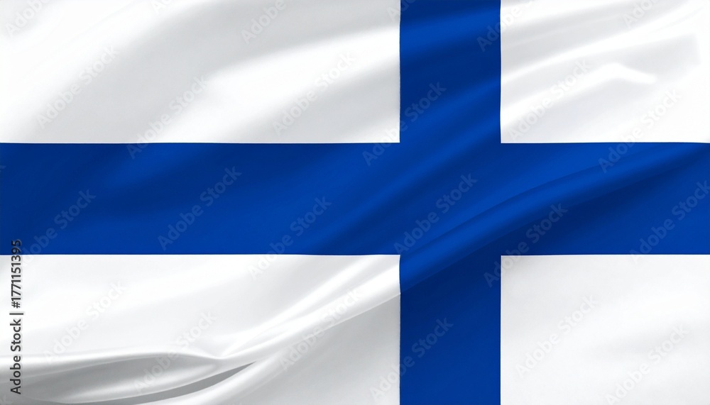 Naklejka premium Finland national flag featuring blue Nordic cross on white background, vertical part of cross shifted toward hoist side, clean fabric texture, minimal and symbolic design representing Finnish identity