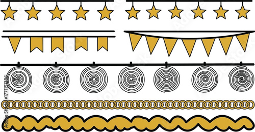 Vector gold party decoration set with star banner and chain border