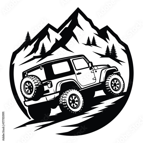 Offroad vehicle climbing a mountain, a black and white vector illustration isolated on white background perfect for adventure, nature, and automotive themes