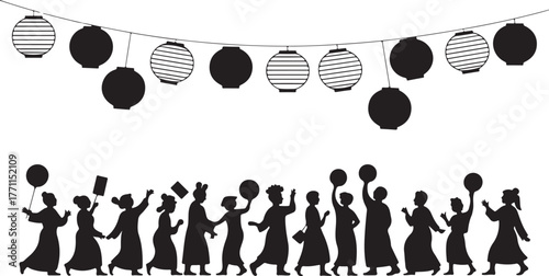 Black silhouette figures in traditional clothing holding balloons and lanterns in a parade festival celebration