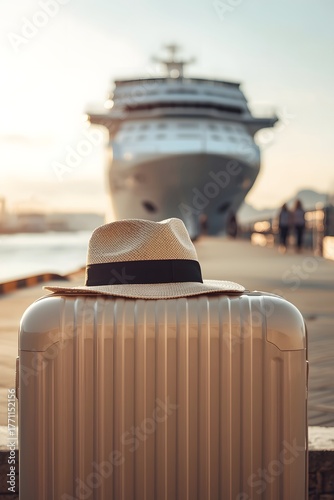 Close-up of a stylish straw hat resting on a beige suitcase with a luxury cruise ship in the background, symbolizing travel, vacation, adventure, and summer holiday lifestyle by the sea