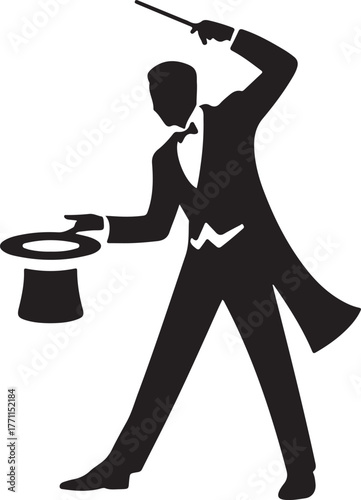 Black silhouette of a magician in a tuxedo holding a wand and top hat black and white