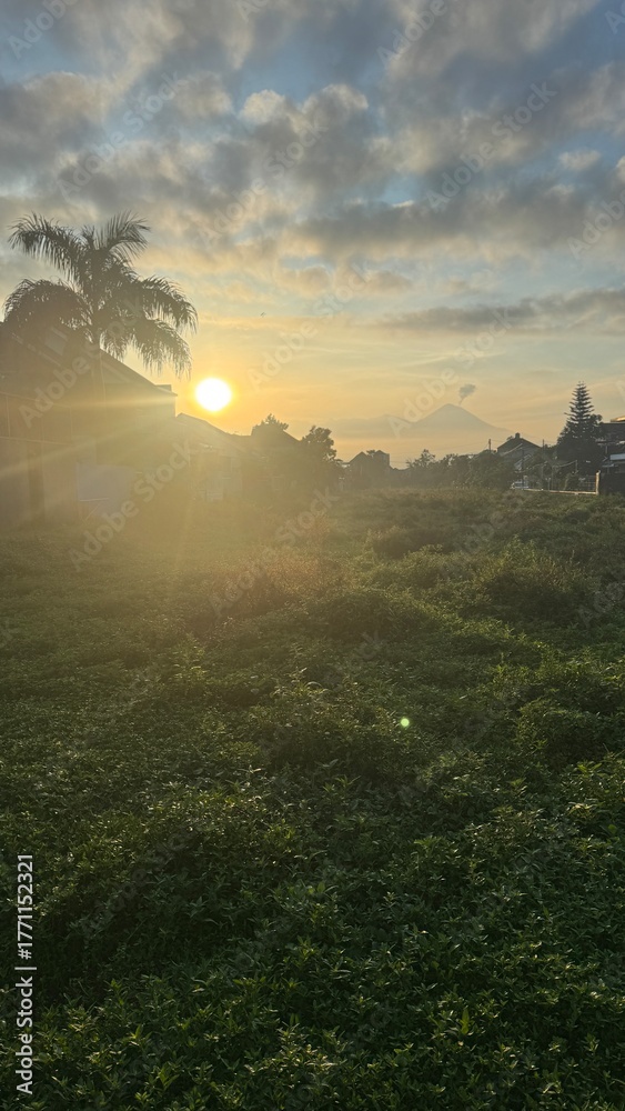 Obraz premium golden sunrise over suburban landscape with mountain silhouettes and grassfields