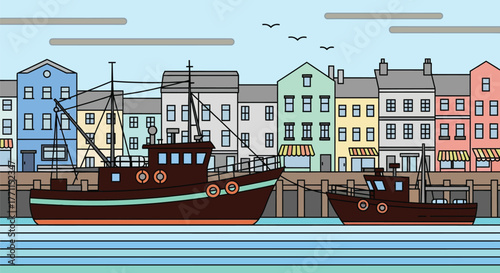 Illustration of fishing boats docked at harbor with town background