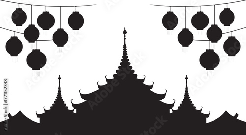 Black silhouette of Asian temple roofs and hanging lanterns against white background vector