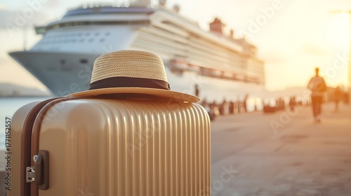 Close-up of a stylish straw hat resting on a beige suitcase with a luxury cruise ship in the background, symbolizing travel, vacation, adventure, and summer holiday lifestyle by the sea