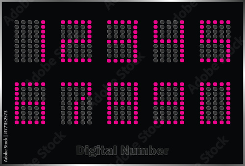 Digital dotted number display on a dark background, modern LED light board numeric design vector illustration.